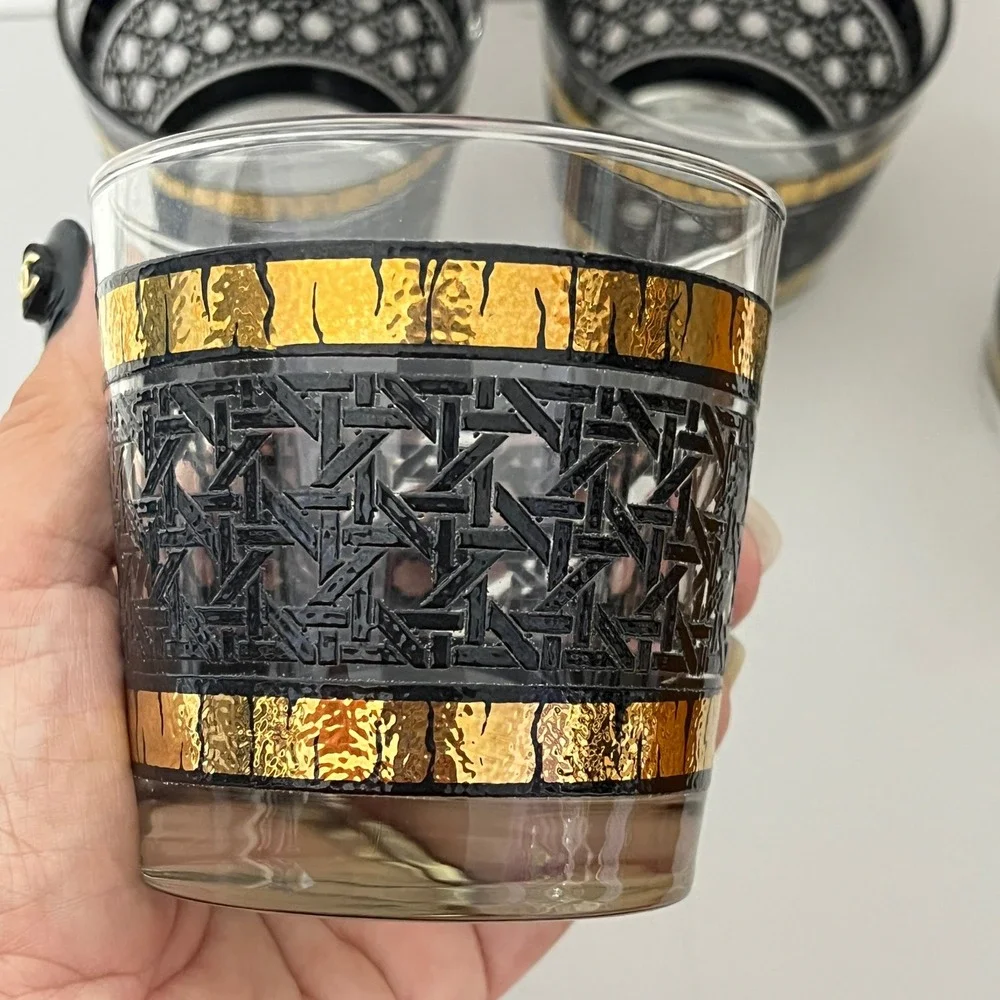 Libbey Glasses Vintage Black 22K Gold Basket Weave MCM Rocks Barware Set of 4